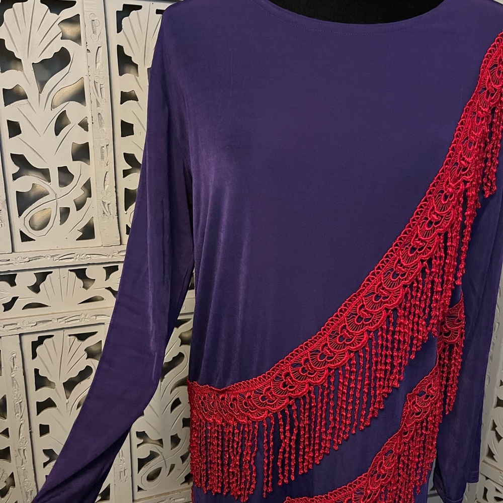 MAXIMA USA VINTAGE gorgeous purple with red fringe 2pc top & skirt maxi dress - Picture 7 of 11